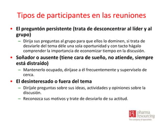 Tipos de participantes en las reuniones
• El preguntón persistente (trata de desconcentrar al líder y al
grupo)
– Dirija sus preguntas al grupo para que ellos lo dominen, si trata de
desviarle del tema déle una sola oportunidad y con tacto hágalo
comprender la importancia de economizar tiempo en la discusión.

• Soñador o ausente (tiene cara de sueño, no atiende, siempre
está distraído)
– Mantenerlo ocupado, diríjase a él frecuentemente y supervíselo de
cerca.

• El desinteresado o fuera del tema
– Diríjale preguntas sobre sus ideas, actividades y opiniones sobre la
discusión.
– Reconozca sus motivos y trate de desviarlo de su actitud.

 