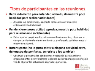 Tipos de participantes en las reuniones
• Retrasado (lento para entender, además, demuestra poca
habilidad para realizar actividades)
– Analizar sus deficiencias, asignarle tareas extras y ofrecerle
entrenamiento individual.

• Pendenciero (posee actitud agresiva, muestra poca habilidad
para relacionarse socialmente)
– Evitar que se propicien discusiones o enfrentamientos, observar su
comportamiento de manera más cerca y reforzarlo positivamente si
modera su actitud.

• Intransigente (no le gusta asistir a ninguna actividad extra,
demuestra desconfianza, se resiste a los cambios)
– Observar si presenta las condiciones necesarias para asimilar el
programa antes de involucrarlo y pedirle que proponga soluciones en
vez de objetar las soluciones aportadas por otros.

 