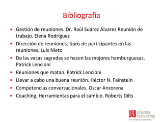 Bibliografía
• Gestión de reuniones. Dr. Raúl Suárez Álvarez Reunión de
trabajo. Elena Rodríguez
• Dirección de reuniones, tipos de participantes en las
reuniones. Luis Nieto
• De las vacas sagradas se hacen las mejores hamburguesas.
Patrick Lencioni
• Reuniones que matan. Patrick Lencioni
• Llevar a cabo una buena reunión. Héctor N. Fainstein
• Competencias conversacionales. Oscar Anzorena
• Coaching. Herramientas para el cambio. Roberts Dilts

 