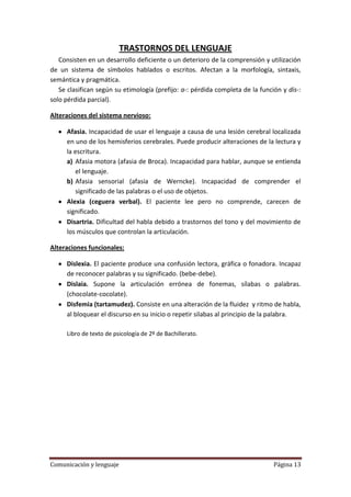 TRASTORNOS DEL LENGUAJE
   Consisten en un desarrollo deficiente o un deterioro de la comprensión y utilización
de un sistema de símbolos hablados o escritos. Afectan a la morfología, sintaxis,
semántica y pragmática.
   Se clasifican según su etimología (prefijo: a-: pérdida completa de la función y dis-:
solo pérdida parcial).

Alteraciones del sistema nervioso:

     Afasia. Incapacidad de usar el lenguaje a causa de una lesión cerebral localizada
     en uno de los hemisferios cerebrales. Puede producir alteraciones de la lectura y
     la escritura.
     a) Afasia motora (afasia de Broca). Incapacidad para hablar, aunque se entienda
         el lenguaje.
     b) Afasia sensorial (afasia de Werncke). Incapacidad de comprender el
         significado de las palabras o el uso de objetos.
     Alexia (ceguera verbal). El paciente lee pero no comprende, carecen de
     significado.
     Disartria. Dificultad del habla debido a trastornos del tono y del movimiento de
     los músculos que controlan la articulación.

Alteraciones funcionales:

     Dislexia. El paciente produce una confusión lectora, gráfica o fonadora. Incapaz
     de reconocer palabras y su significado. (bebe-debe).
     Dislaia. Supone la articulación errónea de fonemas, sílabas o palabras.
     (chocolate-cocolate).
     Disfemia (tartamudez). Consiste en una alteración de la fluidez y ritmo de habla,
     al bloquear el discurso en su inicio o repetir silabas al principio de la palabra.

     Libro de texto de psicología de 2º de Bachillerato.




Comunicación y lenguaje                                                        Página 13
 