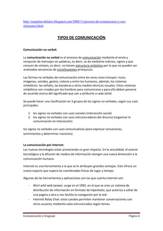 http://sorgalim-delaluz.blogspot.com/2008/11/proceso-de-comunicacin-y-sus-
elementos.html


                          TIPOS DE COMUNICACIÓN

Comunicación no verbal:

La comunicación no verbal es el proceso de comunicación mediante el envío y
recepción de mensajes sin palabras, es decir, se da mediante indicios, signos y que
carecen de sintaxis, es decir, no tienen estructura sintáctica por lo que no pueden ser
analizadas secuencias de constituyentes jerárquicos.

Las formas no verbales de comunicación entre los seres vivos incluyen: luces,
imágenes, sonidos, gestos, colores y entre los humanos, además, los sistemas
simbólicos: las señales, las banderas y otros medios técnicos visuales. Estos sistemas
simbólicos son creados por los hombres para comunicarse y para ello deben ponerse
de acuerdo acerca del significado que van a atribuirle a cada señal.

Se puede hacer una clasificación en 3 grupos de los signos no verbales, según sus usos
principales:

   1. los signos no verbales con usos sociales (interacción social)
   2. los signos no verbales con usos estructuradores del discurso (organizar la
      comunicación en interacción)

los signos no verbales con usos comunicativos (para expresar sensaciones,
sentimientos y determinar nociones).


La comunicación por internet:
Las nuevas tecnologías están provocando un gran impacto. En la actualidad, el avance
tecnológico y la difusión de medios de información otorgan una nueva dimensión a la
comunicación humana.

Internet es una herramienta a la que se le atribuyen grandes ventajas. Este ofrece un
nuevo espacio que supera las coordenadas físicas de lugar y tiempo.

Algunas de las herramientas y aplicaciones con las que cuenta internet son:

   -   Worl wild web (www): surge en el 1992, en el que se creo un sistema de
       distribución de información en formato de hipertexto, que autoriza a saltar de
       una pagina a otra y nos facilita la navegación por la red.
   -   Internet Relay Chat: estos canales permiten mantener conversaciones con
       otros usuarios mediante salas estructuradas según temas.


Comunicación y lenguaje                                                         Página 6
 