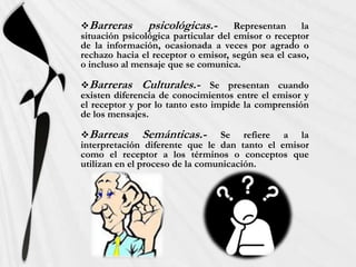 Barreras       psicológicas.- Representan la
situación psicológica particular del emisor o receptor
de la información, ocasionada a veces por agrado o
rechazo hacia el receptor o emisor, según sea el caso,
o incluso al mensaje que se comunica.

Barreras Culturales.- Se presentan cuando
existen diferencia de conocimientos entre el emisor y
el receptor y por lo tanto esto impide la comprensión
de los mensajes.

Barreas        Semánticas.- Se refiere a la
interpretación diferente que le dan tanto el emisor
como el receptor a los términos o conceptos que
utilizan en el proceso de la comunicación.
 