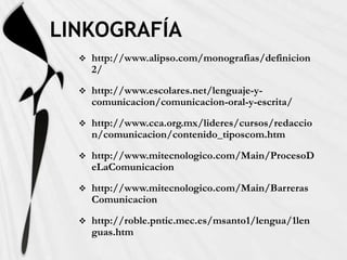 LINKOGRAFÍA
     http://www.alipso.com/monografias/definicion
      2/
     http://www.escolares.net/lenguaje-y-
      comunicacion/comunicacion-oral-y-escrita/
     http://www.cca.org.mx/lideres/cursos/redaccio
      n/comunicacion/contenido_tiposcom.htm
     http://www.mitecnologico.com/Main/ProcesoD
      eLaComunicacion
     http://www.mitecnologico.com/Main/Barreras
      Comunicacion
     http://roble.pntic.mec.es/msanto1/lengua/1len
      guas.htm
 