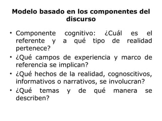 Modelo basado en los componentes del
discurso
• Componente cognitivo: ¿Cuál es el
referente y a qué tipo de realidad
pertenece?
• ¿Qué campos de experiencia y marco de
referencia se implican?
• ¿Qué hechos de la realidad, cognoscitivos,
informativos o narrativos, se involucran?
• ¿Qué temas y de qué manera se
describen?
 