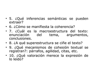 • 5. ¿Qué inferencias semánticas se pueden
extraer?
• 6. ¿Cómo se manifiesta la coherencia?
• 7. ¿Cuál es la macroestructura del texto:
enunciación del tema, argumentos,
conclusiones.
• 8. ¿A qué superestructura se ciñe el texto?
• 9. ¿Qué mecanismos de cohesión textual se
registran?: párrafos, agilidad, citas, etc.
• 10. ¿Qué valoración merece la expresión de
lo leído?
 
