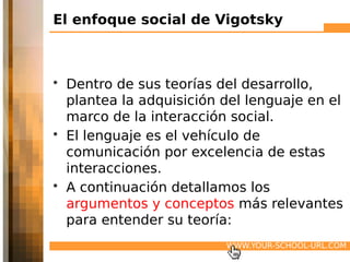 El enfoque social de Vigotsky



• Dentro de sus teorías del desarrollo,
  plantea la adquisición del lenguaje en el
  marco de la interacción social.
• El lenguaje es el vehículo de
  comunicación por excelencia de estas
  interacciones.
• A continuación detallamos los
  argumentos y conceptos más relevantes
  para entender su teoría:
                         WWW.YOUR-SCHOOL-URL.COM
 