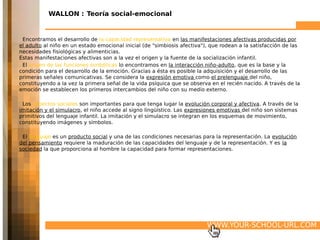  
           WALLON : Teoría social-emocional


 Encontramos el desarrollo de la capacidad representativa en las manifestaciones afectivas producidas por
el adulto al niño en un estado emocional inicial (de "simbiosis afectiva"), que rodean a la satisfacción de las
necesidades fisiológicas y alimenticias.
Estas manifestaciones afectivas son a la vez el origen y la fuente de la socialización infantil.
 El origen de las funciones simbólicas lo encontramos en la interacción niño-adulto, que es la base y la
condición para el desarrollo de la emoción. Gracias a ésta es posible la adquisición y el desarrollo de las
primeras señales comunicativas. Se considera la expresión emotiva como el prelenguaje del niño,
constituyendo a la vez la primera señal de la vida psíquica que se observa en el recién nacido. A través de la
emoción se establecen los primeros intercambios del niño con su medio externo.

 Los aspectos sociales son importantes para que tenga lugar la evolución corporal y afectiva. A través de la
imitación y el simulacro, el niño accede al signo lingüístico. Las expresiones emotivas del niño son sistemas
primitivos del lenguaje infantil. La imitación y el simulacro se integran en los esquemas de movimiento,
constituyendo imágenes y símbolos.

 El lenguaje es un producto social y una de las condiciones necesarias para la representación. La evolución
del pensamiento requiere la maduración de las capacidades del lenguaje y de la representación. Y es la
sociedad la que proporciona al hombre la capacidad para formar representaciones.       




                                                                          WWW.YOUR-SCHOOL-URL.COM
 