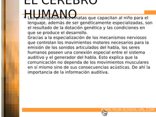 EL CEREBRO
HUMANO
• Las predisposiciones innatas que capacitan al niño para el
  lenguaje, además de ser genéticamente especializadas, son
  el resultado de la dotación genética y las condiciones en
  que se produce el desarrollo.
  Gracias a la especialización de los mecanismos nerviosos
  que controlan los movimientos motores necesarios para la
  emisión de los sonidos articulados del habla, los seres
  humanos poseen una conexión especial entre el sistema
  auditivo y el generador del habla. Esto explica que la
  comunicación no dependa de los movimientos musculares
  en sí mismo sino de sus consecuencias acústicas. De ahí la
  importancia de la información auditiva.




                                   WWW.YOUR-SCHOOL-URL.COM
 