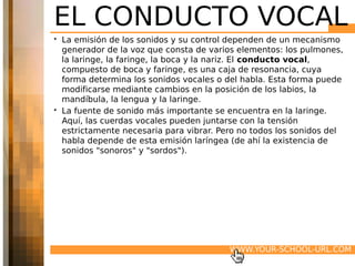 EL CONDUCTO VOCAL
• La emisión de los sonidos y su control dependen de un mecanismo
  generador de la voz que consta de varios elementos: los pulmones,
  la laringe, la faringe, la boca y la nariz. El conducto vocal,
  compuesto de boca y faringe, es una caja de resonancia, cuya
  forma determina los sonidos vocales o del habla. Esta forma puede
  modificarse mediante cambios en la posición de los labios, la
  mandíbula, la lengua y la laringe.
• La fuente de sonido más importante se encuentra en la laringe.
  Aquí, las cuerdas vocales pueden juntarse con la tensión
  estrictamente necesaria para vibrar. Pero no todos los sonidos del
  habla depende de esta emisión laríngea (de ahí la existencia de
  sonidos "sonoros" y "sordos").




                                         WWW.YOUR-SCHOOL-URL.COM
 
