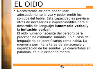EL OIDO
• Necesitamos oír para poder usar
  adecuadamente la voz y poder emitir los
  sonidos del habla. Esta capacidad es previa a
  otras de necesarias e imprescindibles para el
  desarrollo del lenguaje: lamemoria verbal y
  la imitación verbal.
  El oído humano necesita del cerebro para
  procesar los estímulos sonoros. En el caso del
  lenguaje ha de identificarlos como habla. La
  memoria permite la tarea de almacenaje y
  organización de los sonidos, ya convertidos en
  palabras, en el diccionario mental.


                            WWW.YOUR-SCHOOL-URL.COM
 