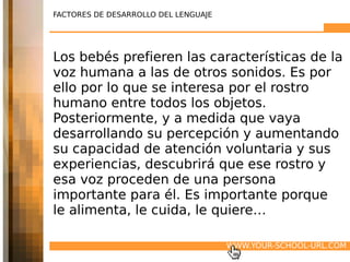 FACTORES DE DESARROLLO DEL LENGUAJE




Los bebés prefieren las características de la
voz humana a las de otros sonidos. Es por
ello por lo que se interesa por el rostro
humano entre todos los objetos.
Posteriormente, y a medida que vaya
desarrollando su percepción y aumentando
su capacidad de atención voluntaria y sus
experiencias, descubrirá que ese rostro y
esa voz proceden de una persona
importante para él. Es importante porque
le alimenta, le cuida, le quiere…

                                      WWW.YOUR-SCHOOL-URL.COM
 