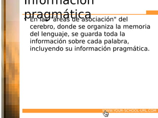 Información
pragmática
• En las "áreas de asociación" del
 cerebro, donde se organiza la memoria
 del lenguaje, se guarda toda la
 información sobre cada palabra,
 incluyendo su información pragmática.




                         WWW.YOUR-SCHOOL-URL.COM
 