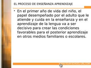 EL PROCESO DE ENSEÑANZA APRENDIZAJE

• En el primer año de vida del niño, el
  papel desempeñado por el adulto que le
  atiende y cuida en la enseñanza y en el
  aprendizaje de la lengua va a ser
  decisivo para crear las condiciones
  favorables para el posterior aprendizaje
  en otros medios familiares o escolares.




                          WWW.YOUR-SCHOOL-URL.COM
 