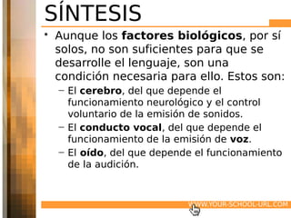 SÍNTESIS
• Aunque los factores biológicos, por sí
  solos, no son suficientes para que se
  desarrolle el lenguaje, son una
  condición necesaria para ello. Estos son:
  – El cerebro, del que depende el
    funcionamiento neurológico y el control
    voluntario de la emisión de sonidos.
  – El conducto vocal, del que depende el
    funcionamiento de la emisión de voz.
  – El oído, del que depende el funcionamiento
    de la audición.



                           WWW.YOUR-SCHOOL-URL.COM
 