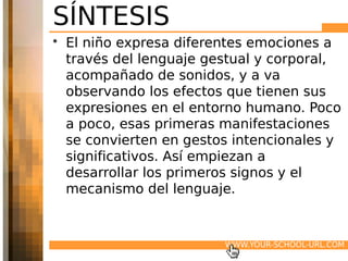 SÍNTESIS
• El niño expresa diferentes emociones a
  través del lenguaje gestual y corporal,
  acompañado de sonidos, y a va
  observando los efectos que tienen sus
  expresiones en el entorno humano. Poco
  a poco, esas primeras manifestaciones
  se convierten en gestos intencionales y
  significativos. Así empiezan a
  desarrollar los primeros signos y el
  mecanismo del lenguaje.


                        WWW.YOUR-SCHOOL-URL.COM
 