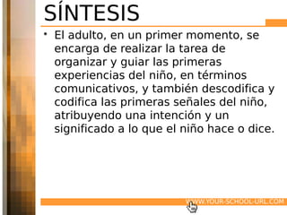 SÍNTESIS
• El adulto, en un primer momento, se
  encarga de realizar la tarea de
  organizar y guiar las primeras
  experiencias del niño, en términos
  comunicativos, y también descodifica y
  codifica las primeras señales del niño,
  atribuyendo una intención y un
  significado a lo que el niño hace o dice.




                          WWW.YOUR-SCHOOL-URL.COM
 