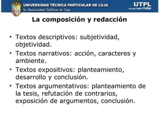 La composición y redacción

• Textos descriptivos: subjetividad,
  objetividad.
• Textos narrativos: acción, caracteres y
  ambiente.
• Textos expositivos: planteamiento,
  desarrollo y conclusión.
• Textos argumentativos: planteamiento de
  la tesis, refutación de contrarios,
  exposición de argumentos, conclusión.
 