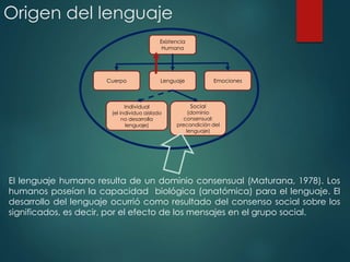 Origen del lenguaje
Existencia
Humana
Cuerpo EmocionesLenguaje
Social
(dominio
consensual:
precondición del
lenguaje)
Individual
(el individuo aislado
no desarrolla
lenguaje)
El lenguaje humano resulta de un dominio consensual (Maturana, 1978). Los
humanos poseían la capacidad biológica (anatómica) para el lenguaje. El
desarrollo del lenguaje ocurrió como resultado del consenso social sobre los
significados, es decir, por el efecto de los mensajes en el grupo social.
 