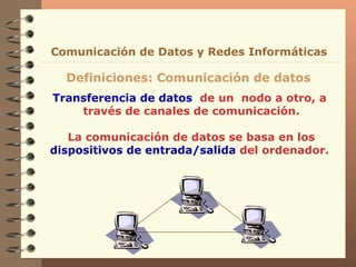 Transferencia de datos   de un  nodo a otro, a  través de canales de comunicación. La comunicación de datos se basa en los  dispositivos de entrada/salida  del ordenador.  Definiciones: Comunicación de datos Comunicación de Datos y Redes Informáticas 