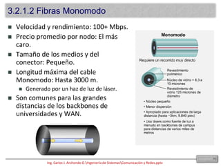 Es típica de la tecnología, más que de la naturaleza .PropagaciónUna cantidad de energía viaja por un medio (se propaga) de un lugar a otro (depende del tipo de medio, geometría y la frecuencia de los pulsos).AtenuaciónPérdida de fuerza de las señales con la distancia.ReflexiónDependen del medio. Las señales rebotan y pueden interferir en los bits posteriores.RuidoDiafonía, es originada a partir de señales de otros hilos del mismo cable.Ruido térmico, debido al movimiento de los electrones.Ruido de tierra de referencia, conexión a tierra no aislada.Ruido de corriente AC, presencia cercana de cables de alimentación eléctrica (uso de mismos ductos).133.1.4 Factores que Influyen en las Señales