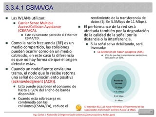 La fibra óptica no es sensible a los factores de ruido que afectan los medios de cobre.Cuando la luz se transmite por medio de la fibra, existe siempre una pequeña pérdida de energía.Mientras mayor sea la distancia mayor será la cantidad de energía perdida.Factores de pérdida de energía (ruido de fibra óptica):Dispersión: Debida a distorsiones microscópicas que refleja y dispersa la energíaAbsorción: Que realizan algunas pequeñas impurezas químicas que se pueden presentar en el material, generando calorRugosidades: Que se puedan presentar en la misma fibra323.2.4 Señales y Ruido en Fibra ÓpticaSeñal original                 Señal con energía pérdida (dispersada)