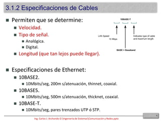Permiten que se determine:Velocidad.Tipo de señal.Analógica.Digital.Longitud (que tan lejos puede llegar).Especificaciones de Ethernet:10BASE2.10Mbits/seg, 200m s/atenuación, thinnet, coaxial.10BASE5.10Mbits/seg, 500m s/atenuación, thicknet, coaxial.10BASE-T.10Mbits/seg, pares trenzados UTP ó STP.63.1.2 Especificaciones de Cables