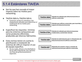 Son los que han causado el mayor impacto sobre los medios para networking.TIA/EIA-568-A y TIA/EIA-569-A.Continúan siendo los estándares más ampliamente utilizados para determinar el rendimiento de los medios para networking.Especifican los requisitos  mínimos para los entornos compuestos por varios productos diferentes, producidos por diversos fabricantes. Estas normas tienen en cuenta la planificación e instalación de sistemas de LAN sin imponer el uso de equipo específico.De ese modo, ofrecen a los diseñadores de las LAN la libertad de crear opciones con fines de perfeccionamiento y expansión.105.1.4 Estándares TIA/EIA