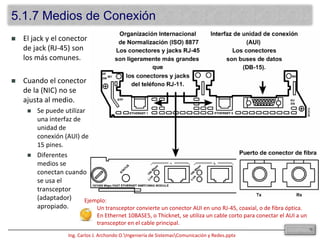 5.1.7 Medios de Conexión15El jack y el conector de jack (RJ-45) son los más comunes. Cuando el conector de la (NIC) no se ajusta al medio. Se puede utilizar una interfaz de unidad de conexión (AUI) de 15 pines. Diferentes medios se conectan cuando se usa el transceptor  (adaptador) apropiado. Ejemplo:  Un transceptor convierte un conector AUI en uno RJ-45, coaxial, o de fibra óptica. En Ethernet 10BASE5, o Thicknet, se utiliza un cable corto para conectar el AUI a un transceptor en el cable principal.