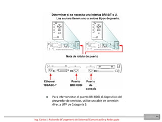 Se pueden utilizar dos tipos de interfaces: BRI S/T.BRI U. Un NT1 es un dispositivo intermedio ubicado entre el router y el switch del proveedor de servicios RDSI. Se utiliza NT1 para conectar el cableado de cuatro hilos del abonado con el loop local de dos hilos convencional. En América del norte, el cliente por lo general provee el NT1, mientras que en el resto del mundo el proveedor de servicios se encarga del dispositivo NT1.Puede ser necesario colocar un NT1 externo si el dispositivo no está integrado al router. Revisar los rótulos de las interfaces de router es por lo general la manera más fácil de determinar si el router cuenta con un NT1 integrado. Una interfaz BRI con un NT1 integrado tiene el rótulo BRI U mientras que la interfaz BRI sin un NT1 integrado tiene el rótulo BRI S/T. Debido a que los routers pueden tener muchos tipos de interfaz RDSI, es necesario determinar qué tipo de interfaz se necesita al comprar el router. Se puede determinar el tipo de interfaz BRI al mirar el rótulo del puerto. 595.2.4 Conexiones BRI RDSI y RoutersEstablece quién está suministrando el dispositivo de terminación de la red 1 (NT1) para determinar qué interfaz se necesita.