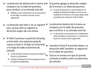La dirección de destino de la trama se compara con la tabla de puenteo para verificar si su entrada está allí. Debido a que la dirección no se encuentra en la tabla, se envía la trama a otro segmento.La dirección del Host C no se registró aún, ya que sólo se registra la dirección origen de una trama.El Host C procesa la petición del ping y transmite una repuesta ping de nuevo al Host A. El dato se transmite a lo largo de todo el dominio de colisión. Tanto el Host D como el puente reciben la trama y la procesan. El Host D descarta la trama porque no era el destino establecido.El puente agrega la dirección origen de la trama a su tabla de puenteo. Ya que la dirección se encontraba en el campo de dirección origen y la trama se recibió en el Puerto 2, la trama debe estar asociada con el puerto 2 de la tabla.La dirección destino de la trama se compara con la tabla de puenteo para verificar si su entrada está allí. La dirección se encuentra en la tabla pero está asociada con el puerto 1, entonces la trama se envía al otro segmento.Cuando el Host D transmite datos, su dirección MAC también se registrará en la tabla de puenteo.Esta es la manera en que el puente controla el tráfico entre los dominios de colisión.6