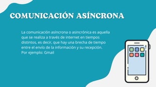 COMUNICACIÓN ASÍNCRONA
COMUNICACIÓN ASÍNCRONA
La comunicación asíncrona o asincrónica es aquella
que se realiza a través de internet en tiempos
distintos, es decir, que hay una brecha de tiempo
entre el envío de la información y su recepción.
Por ejemplo: Gmail
 