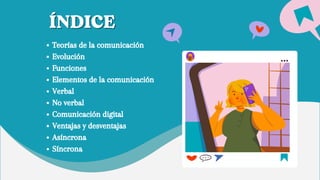 ÍNDICE
ÍNDICE
Teorías de la comunicación
Evolución
Funciones
Elementos de la comunicación
Verbal
No verbal
Comunicación digital
Ventajas y desventajas
Asíncrona
Síncrona
 