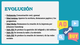 EVOLUCIÓN
EVOLUCIÓN
Prehistoria: Comunicación oral y gestual
Edad Antigua: Aparece la escritura, destacamos papiros y los
pergaminos
Edad Media: Destacamos la creación de la imprenta por
Johannes Gutenberg
Siglo XIX: Se produce la aparición del telégrafo y del teléfono
Siglo XX: Se inventa la radio y la televisión
Siglo XXI: Se produce la creación de internet y de las redes
sociales
 