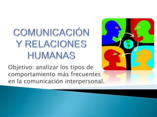 COMUNICACIÓN Y RELACIONES HUMANAS Objetivo: analizar los tipos de comportamiento más frecuentes en la comunicación interpersonal. 