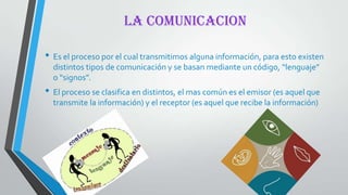 LA COMUNICACION
• Es el proceso por el cual transmitimos alguna información, para esto existen
distintos tipos de comunicación y se basan mediante un código, “lenguaje”
o “signos”.
• El proceso se clasifica en distintos, el mas común es el emisor (es aquel que
transmite la información) y el receptor (es aquel que recibe la información)
 