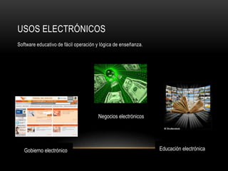 USOS ELECTRÓNICOS
Software educativo de fácil operación y lógica de enseñanza.




                                      Negocios electrónicos




   Gobierno electrónico                                        Educación electrónica
 