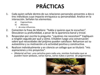 PRÁCTICAS
1. Cada quien señale dentro de sus relaciones personales presentes a dos o
tres individuos cuyo impacto enriquezca su personalidad. Analice en la
interacción. Señalen los elementos:
a) Cognoscitivos.
b) Afectivos.
• de estas influencias.
2. Comenten la frase de Moliere: “habla si quieres que te escuchen”.
Descubran su profundidad, a pesar de la apariencia banal y trivial.
3. Respondan por escrito la pregunta: “¿quiénes me necesitan?” Expliquen
a renglón seguido por qué y cómo. Entablen luego una conversación
sobre qué necesidades del prójimo pueden satisfacer. Refuercen así su
autoestima y su motivación a la actividad positiva y constructiva.
4. Realicen individualmente y en silencio un collage que se titulará: “mis
aspiraciones y mis proyectos”.
– (Material ad hoc: una cartulina para cada uno, revistas ilustradas que se
pueden hacer pedazos, varias tijeras, varios tubos o pomos de pegamento).
 