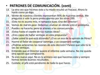 • PATRONES DE COMUNICACIÓN. (cont)
13. La otra vez que hicimos esto a tu modo resultó un fracaso. Ahora lo
harás como yo digo.
14. Veinte de nuestros clientes representan 90% de nuestras ventas. Me
pregunto si vale la pena preocuparnos por los otros 200.
15. ¡Esto no es asunto mío, ni tampoco tuyo, sino del Director!
16. Vamos de mal en peor. Debemos analizar en dónde está el problema.
17. Puedes no hacerlo; pero te atienes a las consecuencias.
18. ¡Estoy hasta el copete de tus nuevas ideas!
19. ¿Eres capaz de hallar ventajas en esta propuesta?
20. ¿Sabe usted lo que está diciendo? ¿O es un eco de la opinión de Pérez?
21. Hazme el favor de cooperar conmigo, y yo cooperaré contigo.
22. ¿Podrías aclararnos las razones de esta decisión? Parece que sólo tú le
ves las ventajas.
23. Entiendo que el Director quiere el informe cada semana. No me queda
otra opción que complacerlo.
24. Tú eres nuevo aquí. No es la primera vez que hacemos esto y siempre
hemos tenido buenos resultados.
25. Cuídate; el jefe está pendiente de todo lo que haces.
 