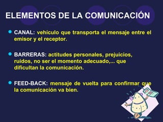 ELEMENTOS DE LA COMUNICACIÓN
 CANAL: vehículo que transporta el mensaje entre el
  emisor y el receptor.

 BARRERAS: actitudes personales, prejuicios,
  ruidos, no ser el momento adecuado,... que
  dificultan la comunicación.

 FEED-BACK: mensaje de vuelta para confirmar que
  la comunicación va bien.
 