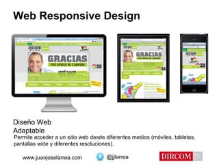@jjlarreawww.juanjoselarrea.com
Web Responsive Design
Diseño Web
Adaptable
Permite acceder a un sitio web desde diferentes medios (móviles, tabletas,
pantallas wide y diferentes resoluciones).
 