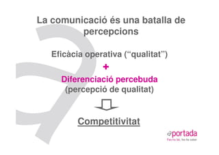 La comunicació és una batalla de
         percepcions

   Eficàcia operativa (“qualitat”)
                +
     Diferenciació percebuda
      (percepció de qualitat)


          Competitivitat
 