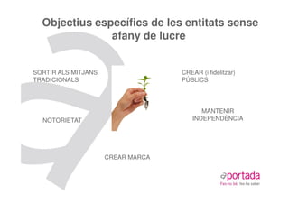Objectius específics de les entitats sense
               afany de lucre


SORTIR ALS MITJANS                 CREAR (i fidelitzar)
TRADICIONALS                       PÚBLICS




                                          MANTENIR
  NOTORIETAT                           INDEPENDÈNCIA




                     CREAR MARCA
 