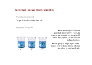 Identificar i aplicar models científics
Pregunta convencional:
De què depèn la densitat d’un cos?

Pregunta d’indagació:
Hem posat aigua i diferents
quantitats de sal en tres vasos, de
manera que en cada vas, en posar-hi
un ou fresc, queda a la posició que
indica el dibuix.
Sabent que pots afegir aigua i/o sal,
digues com ho faries perquè tots tres
suressin a la mateixa alçada.

 