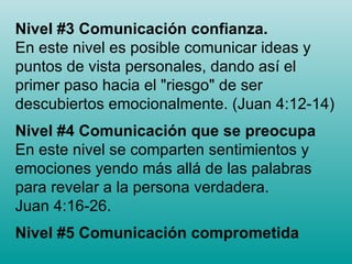 Nivel #3 Comunicación confianza.  En este nivel es posible comunicar ideas y puntos de vista personales, dando así el primer paso hacia el "riesgo" de ser descubiertos emocionalmente. (Juan 4:12-14)  Nivel #4 Comunicación que se preocupa  En este nivel se comparten sentimientos y emociones yendo más allá de las palabras para revelar a la persona verdadera.  Juan 4:16-26.  Nivel #5 Comunicación comprometida   