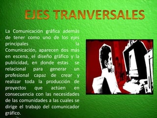 EJES TRANVERSALESLa Comunicación gráfica además de tener como uno de los ejes principales la Comunicación, aparecen dos más en escena, el diseño gráfico y la publicidad, en donde estas se relacional para generar un profesional capaz de crear y realizar toda la producción de proyectos que actúen en consecuencia con las necesidades de las comunidades a las cuales se dirige el trabajo del comunicador gráfico.