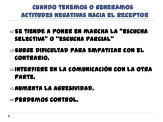 Cuando tenemos o generamosActitudes Negativas hacia el receptorSe tiende a poner en marcha la “escucha selectiva” o “escucha parcial”
