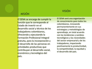 VISIÓN
   MISIÓN
El SENA se encarga de cumplir la     El SENA será una organización
                                     de conocimiento para todos los
función que le corresponde al
                                     colombianos, innovando
Estado de invertir en el             permanentemente en sus
desarrollo social y técnico de los   estrategias y metodologías de
trabajadores colombianos,            aprendizaje, en total acuerdo
ofreciendo y ejecutando la           con las tendencias y cambios
Formación Profesional Integral       tecnológicos y las necesidades
gratuita, para la incorporación y    del sector empresarial y de los
el desarrollo de las personas en     trabajadores, impactando
actividades productivas que          positivamente la productividad,
                                     la competitividad, la equidad y
contribuyan al desarrollo social,
                                     el desarrollo del país.
económico y tecnológico del
país.
 