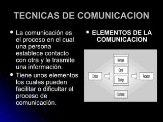 TECNICAS DE COMUNICACION
 La  comunicación es          ELEMENTOS
                                        DE LA
  el proceso en el cual         COMUNICACION
  una persona
  establece contacto
  con otra y le trasmite
  una información.
 Tiene unos elementos
  los cuales pueden
  facilitar o dificultar el
  proceso de
  comunicación.
 