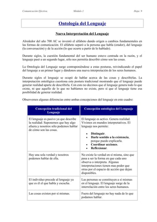 Comunicación Efectiva. Módulo 1 Hoja: 9
Ontología del Lenguaje
Nueva Interpretación del Lenguaje
Alrededor del año 700 AC se inventó el alfabeto dando origen a cambios fundamentales en
las formas de comunicación. El alfabeto separó a la persona que habla (orador), del lenguaje
(la conversación) y de la acción (lo que ocurre a partir de lo hablado).
Durante siglos, la cuestión fundamental del ser humano estuvo centrada en la razón, y el
lenguaje pasó a un segundo lugar, sólo nos permitía describir cómo son las cosas.
La Ontología del Lenguaje surge contraponiéndose a estas posturas, reivindicando el papel
del lenguaje a un primer lugar y dándonos una nueva interpretación de los seres humanos.
Durante siglos el lenguaje se ocupó de hablar acerca de las cosas y describirlas. La
interpretación ontológica cuestiona esta postura tradicional mostrando que el lenguaje puede
generar realidad aparte de describirla. Con esto no decimos que el lenguaje genera todo lo que
existe, ni que aquello de lo que no hablamos no existe, pero sí que el lenguaje tiene esa
posibilidad de generar realidad.
Observemos algunas diferencias entre ambas concepciones del lenguaje en este cuadro:
Concepción tradicional del
Lenguaje
Concepción ontológica del Lenguaje
El lenguaje es pasivo ya que describe
la realidad. Suponemos que hay algo
afuera y nosotros sólo podemos hablar
de cómo son las cosas.
El lenguaje es activo. Genera realidad.
Vivimos en mundos interpretativos. El
lenguaje nos permite:
 Distinguir.
 Darle sentido a la existencia,
porque puedo explicarla.
 Coordinar acciones.
 Reflexionar.
Hay una sola verdad y nosotros
podemos hablar de ella.
No existe la verdad en sí misma, sino que
pasa a ser la forma en que cada uno
observa o interpreta. Algunas
interpretaciones tienen mas poder que
otras por el espacio de acción que dejan
disponibles.
El individuo precede al lenguaje ya
que es él el que habla y escucha.
Las personas se constituyen a sí mismas
en el lenguaje. El lenguaje surge de la
interrelación entre los seres humanos.
Las cosas existen por sí mismas. Fuera del lenguaje no hay nada de lo que
podamos hablar.
 