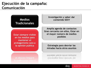 Ejecución de la campaña:
Comunicación
Medios
Tradicionales

Estar siempre visible
en los medios para
mantener el
protagonismo cara a
la opinión pública

guau@dogcomunicacion.com
Tlf: +34 91 57 57 755

Investigación y saber dar
contenido SEXY

Amplia agenda de contactos
Gran cercanía con ellos, Estar en
el mayor número de medios
posibles

Estrategia para desviar las
miradas hacia otros asuntos

20

 